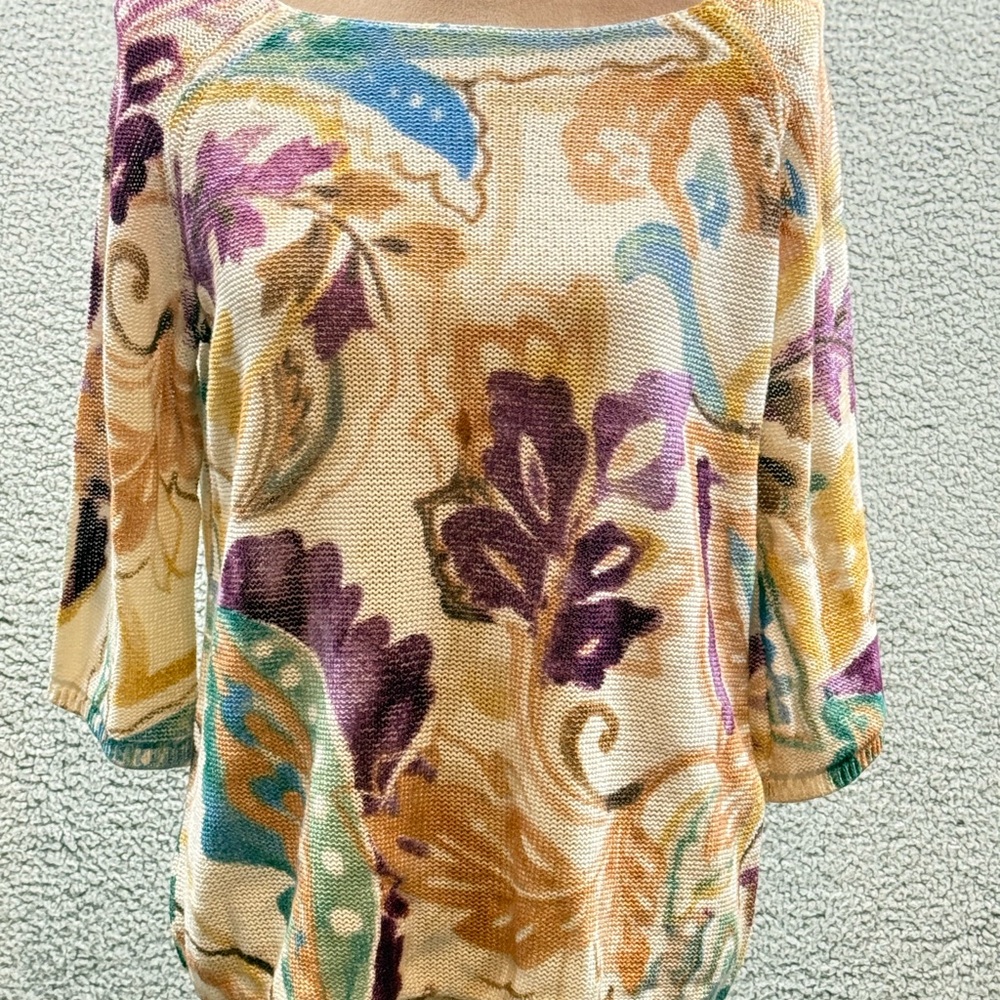 Chicos Women"s Size 2 Petite Sweater Crew Neck Long Sleeve Floral Print
